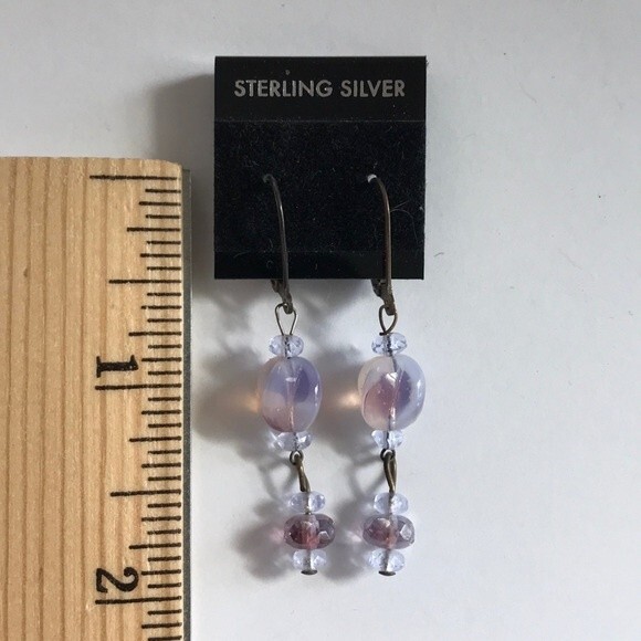 Vintage Handmade Purple Glass Beads Sterling Silver Lever Back Dangle Earrings - Picture 4 of 6